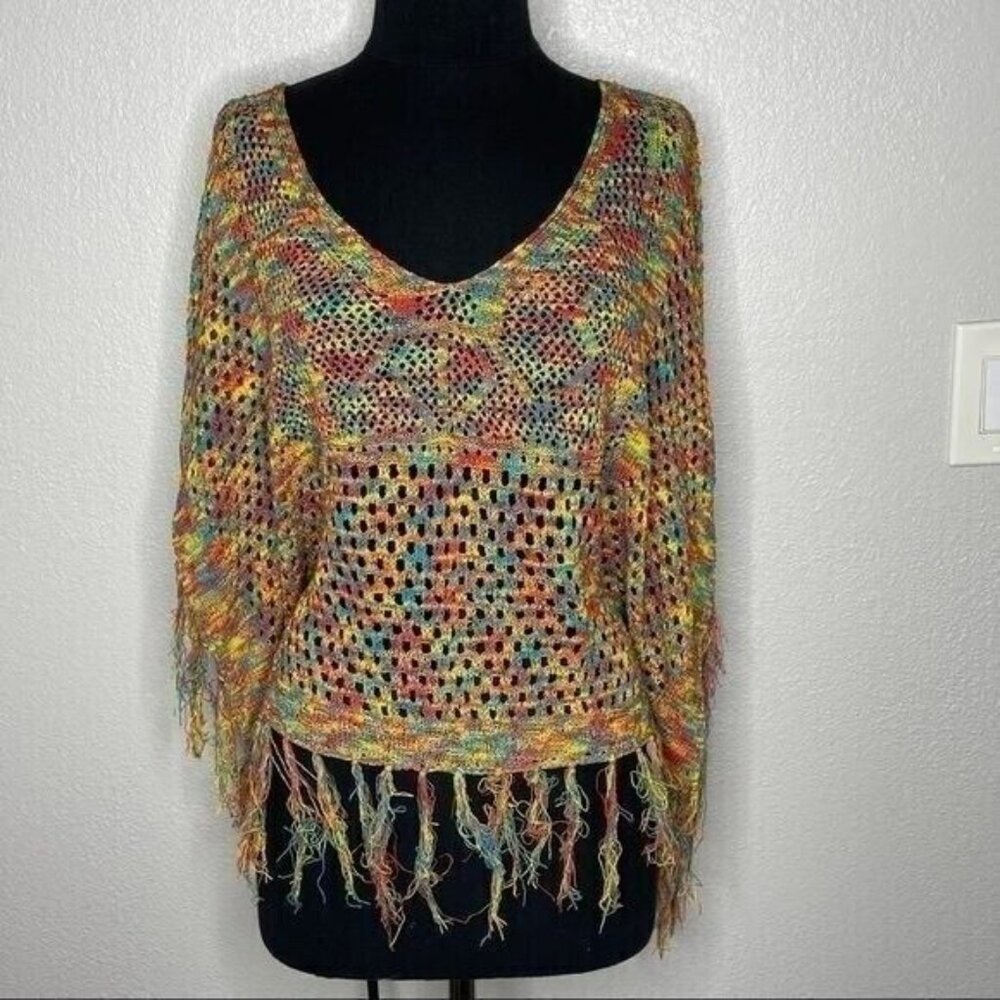 Multicolor V-Neck Poncho w/ Fringe